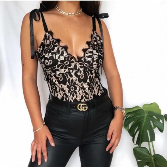 Black Lace Sleeveless V-Neck Bodycon Bodysuit Top Leotard - Picture 10 of 11